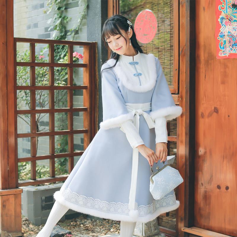 Vestido de estilo chino de hermana Lolita para mujer, ropa de princesa con cordones, mezcla de lana dulce tradicional Vintage, Hanfu femenino