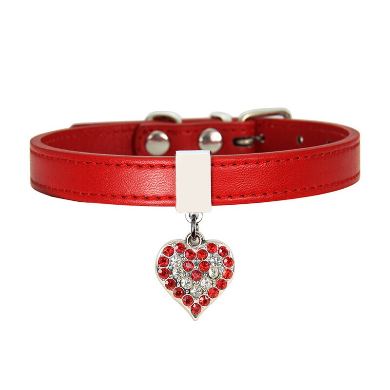 Bling Dog Collar Rhinestone Leather Puppy Collar Cute Cat Collar 0.5" Width Heart Pendant Pet Collars For Small Dogs/Cats: Red / XS