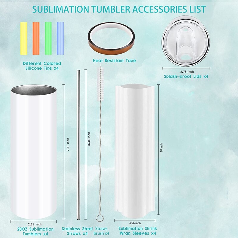 Kubki sublimacyjne, 20 uncji prosty pusty chudy kubek ze stali nierdzewnej z pokrywką i słomka metalowa-biały, 4 sztuki
