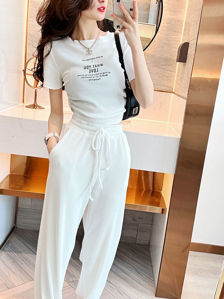 Summer casual sports style spicy girl sexy short sleeved top+fashionable wide leg pants two-piece set