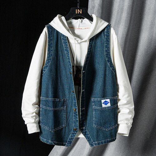 Herbst Mens Kleid Weste Jacke und Mantel Jean Weste für Männer Kleidung Punk Stil Ärmellose Denim Weste Chalecos Para hombre: Light-Blue / 5XL