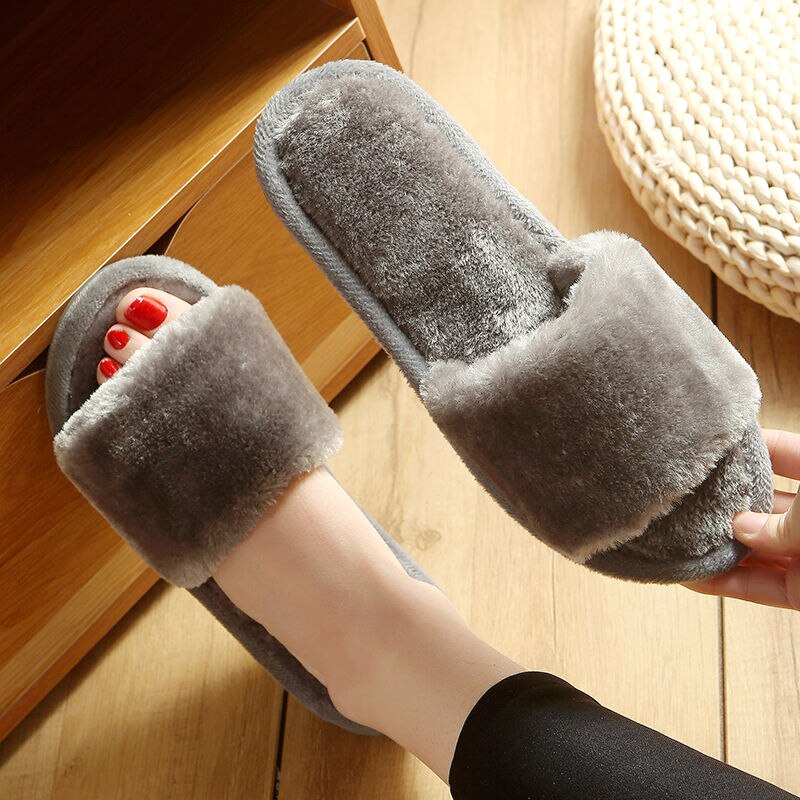 Syoloop Furry Slides Women Home Slippers Winter Warm Shoes Woman Slip on Flats Slides Female Faux Fur Slippers: Gray / 38-39 (23.5CM)