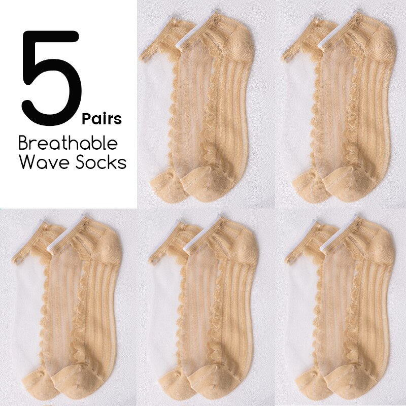 5Pairs/Lot Women Socks for summer Ultra-thin Transparent Cass Glass fiber Silk Socks daisy Flower Japan Ankle Socks: 386-wave