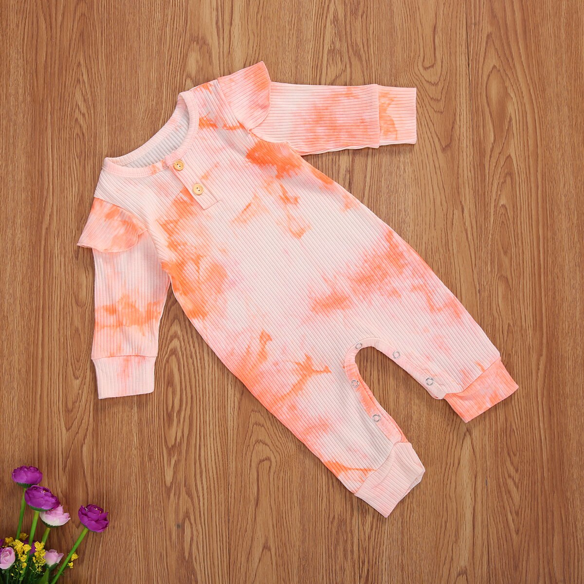 Focusnorm Tie-Dye Gedrukt Baby Meisjes Jongens Rompertjes Lange Mouwen Kleurverloop Knop Geribbelde Sluiten Lente Kleding