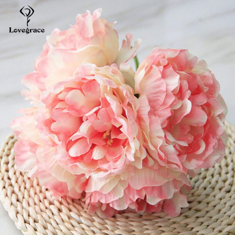 Lovegrace Pioen Boeket Bruid Bruiloft Boeket Kunstmatige Bloem 5 Hoofden Zijde Pioen Bruidsmeisje Bruidsboeketten Thuis Decor