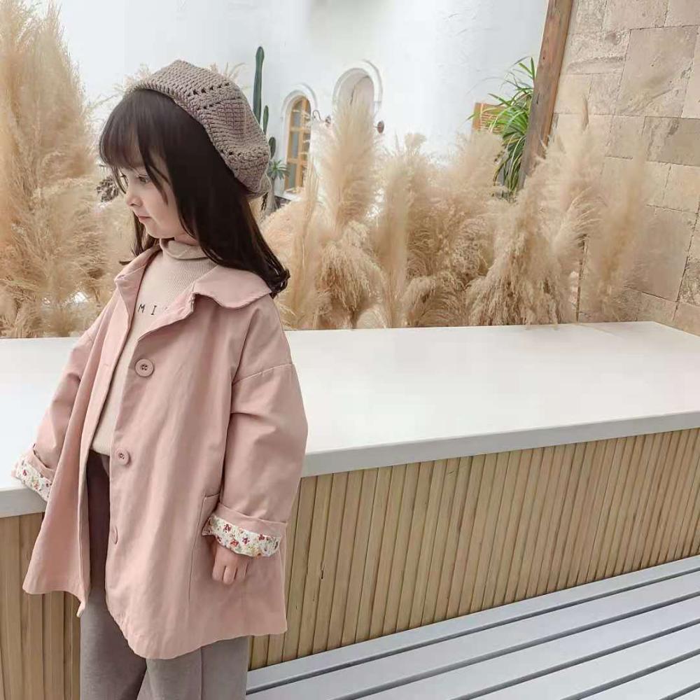 Girls' Jacket Autumn and Winter Korean Style Pocket Doll Collar Long Floral College Windbreaker: Pink / 4T