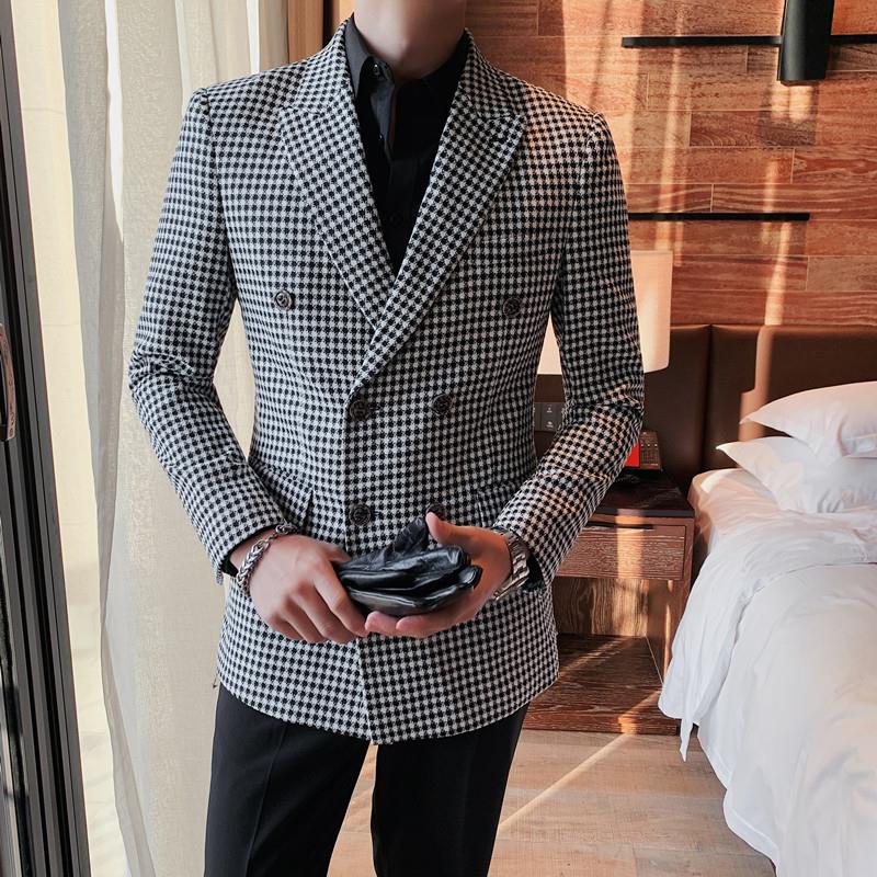British Style Mens Slim Fit Houndstooth Blazer Men 2022 Simple Double Breasted Business Office Wedding Dress Suit Jacket