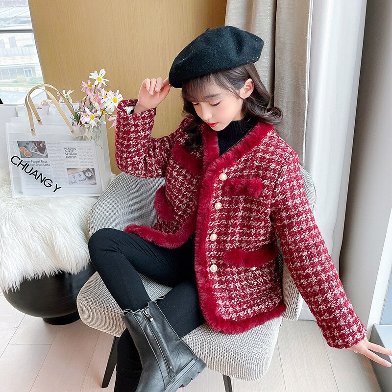 Cappotto per ragazze inverno 2021 nuovo piccolo profumo stile tweed trapuntato per bambini ispessito cappotto di natale e capodanno