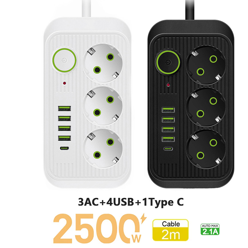 EU-Stecker-Steckdosenleiste, 3 AC-Steckdosen, 2 m Verlängerungskabel, Steckdose mit 4 USB-Anschlüssen, 1 PD-Anschlüsse, Schnelllade-Multiprise-Netzwerkfilter