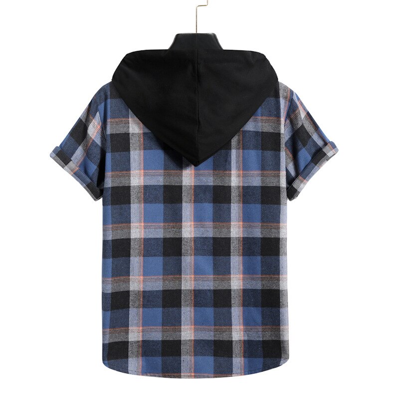 Summer men's short-sleeved shirt youth cardigan casual loose check short-sleeved shirt with cap