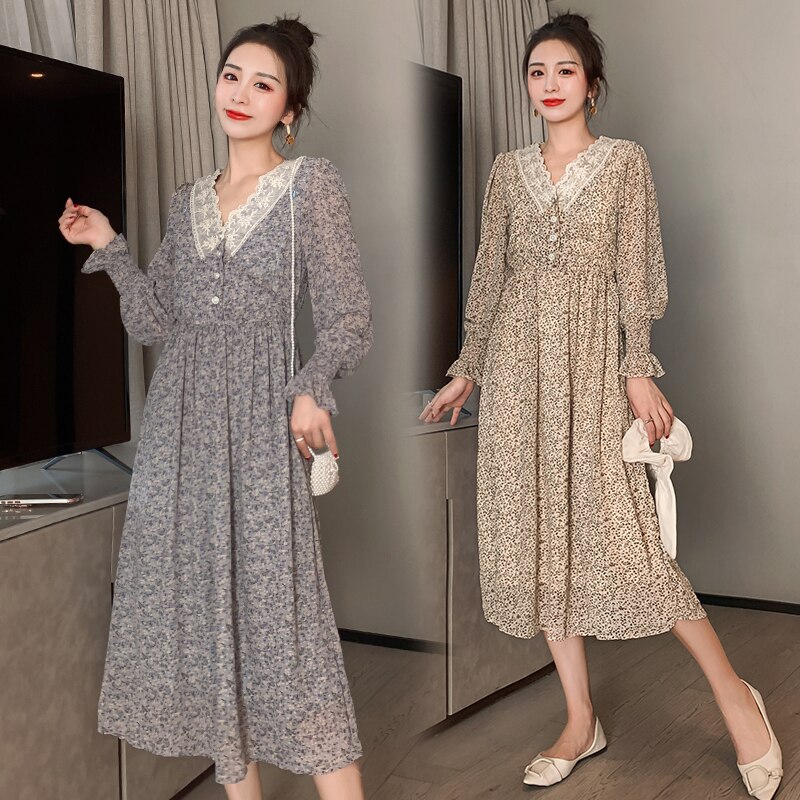 Herbst Schwangere Still Kleid mit Invisible Zip Fly Spitze V-ausschnitt Mutterschaft Chiffon Pflege Kleid Stillen