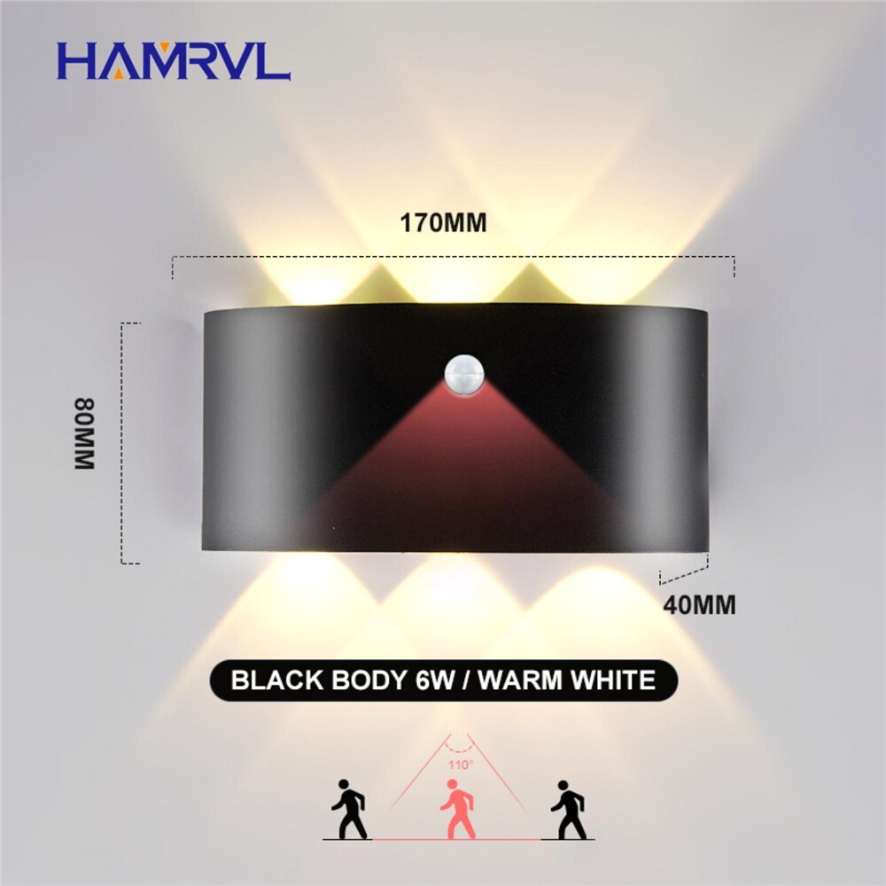 Outdoor Lighting LED PIR Motion Sensor Waterproof Wall Light 8W AC90-260V Modern Wall Lamp Garden Light Fixture Outside Building: 6W Black body-Warm