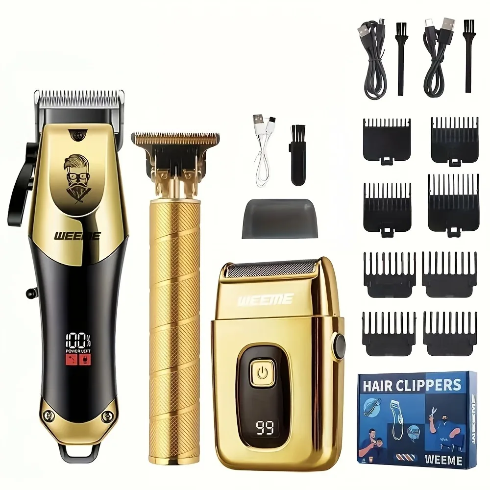 Pflegeset für Herren, 3-teiliges Set, goldene schwarze Haarschneidemaschine mit LCD-Display, wiederaufladbar über USB, 8 Führungskämme, Trimmer und Rasierer