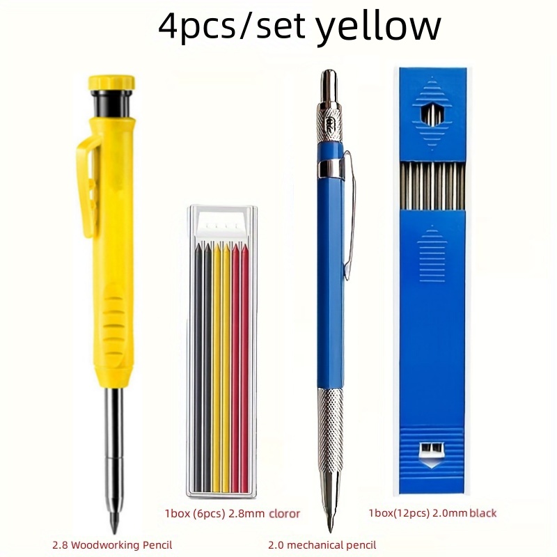 2.8/2.0mm solida mekaniska pennor för snickare med stiften inbyggd vässare markeringsverktyg för träbearbetning, mekaniska pennor för djupa hål: Gul
