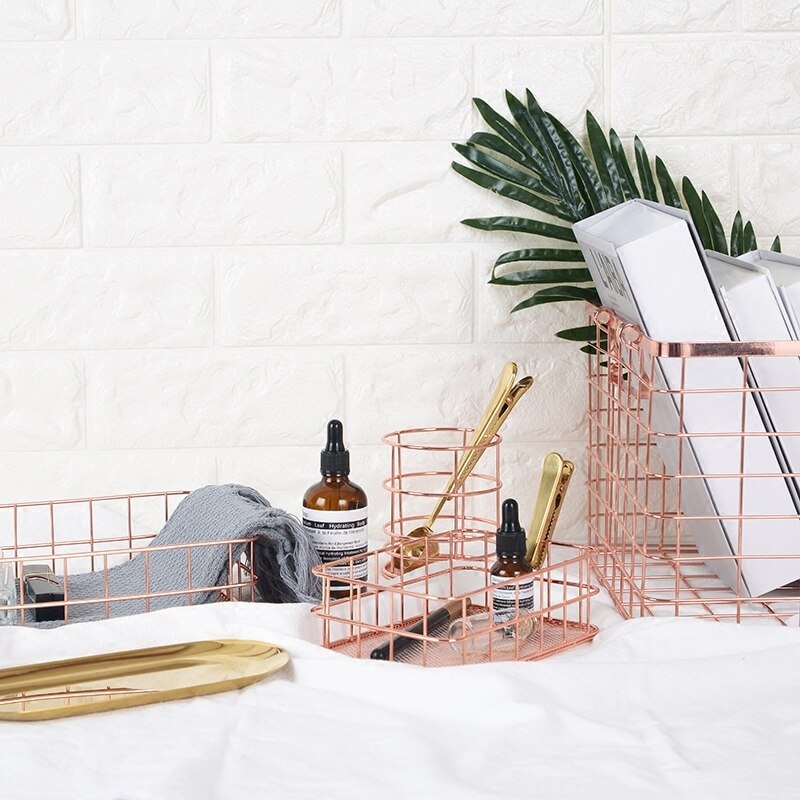 Rose Gold Metal Desktop Storage Baskets Makeup Organizer Eyeliner Brush Set Storage Chopsticks cage Pen Holder Jewelry Storage