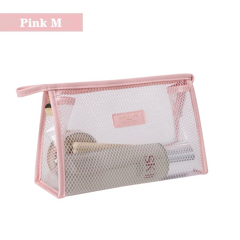 PURDORED 1 Pc Clear Mesh Women Makeup Bag impermeabile EVA Cosmetic Bag Travel Zipper borsa grande per trucco custodia per bellezza femminile: M pink