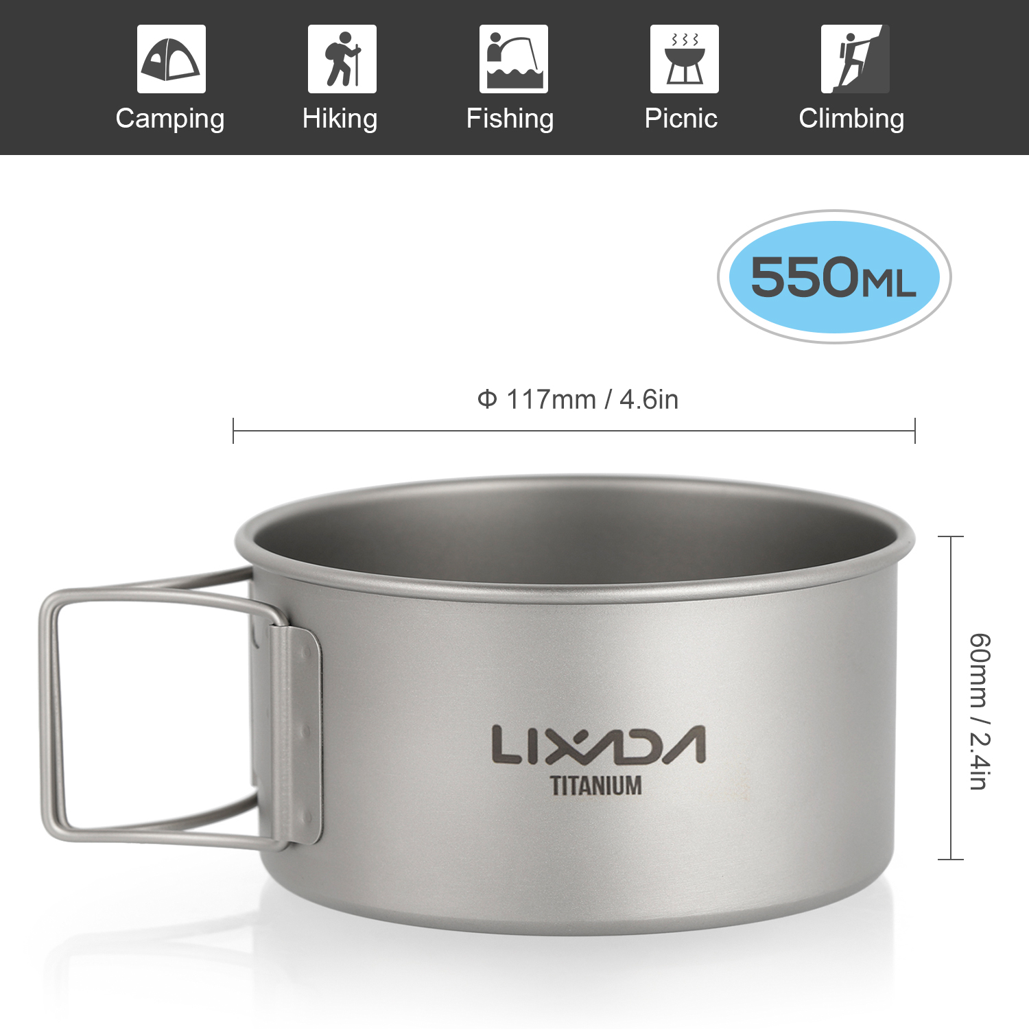 Lixada Titan Schalen Set Titan Pan Ultraleicht Camping Schüssel Pan mit Faltbare Griffe für Outdoor Wandern Picknick: Type B 550ml