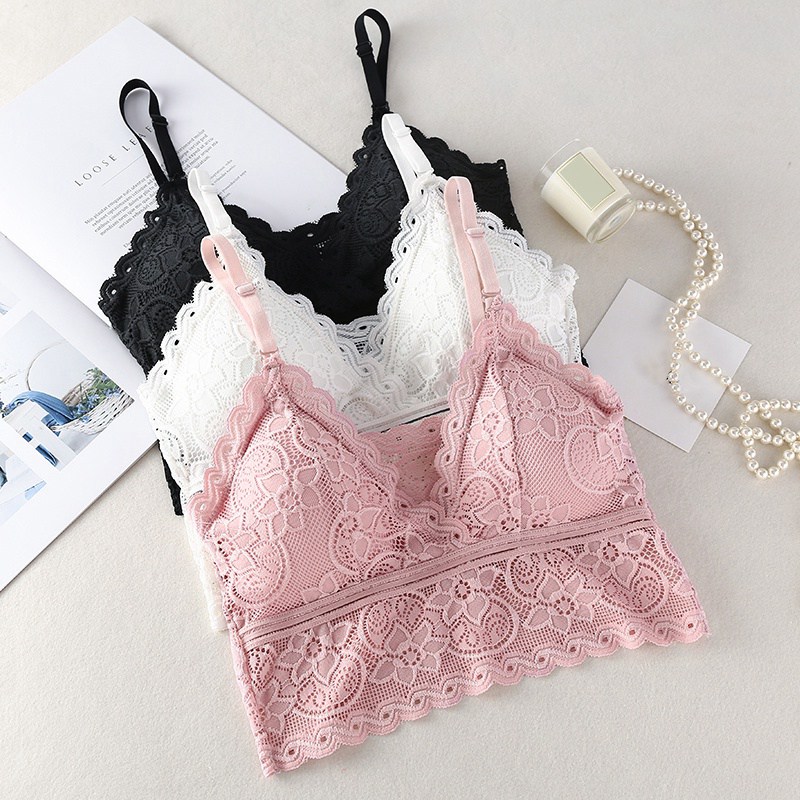 Women Wireless Bra Padded Bralette Deep V Lace Bras Summer Crop Top Embroidery Floral Tank Top