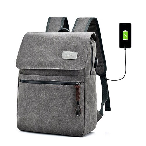 Mochila masculina de lona, mochila com carregador usb, mochila de viagem de grande capacidade para homens, mochila escolar masculina: Cinza