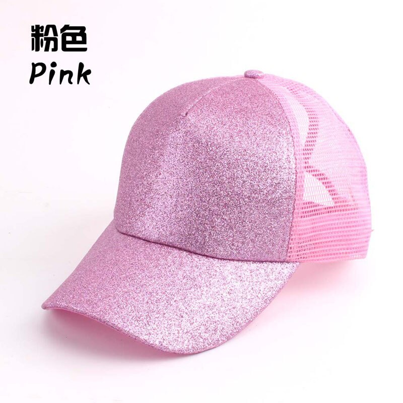 Summer Mesh Baseball Caps For Women Glitter Matte Ponytail Cap Shining Sequins Messy Bun Snapback Hip Hop Hat: pink