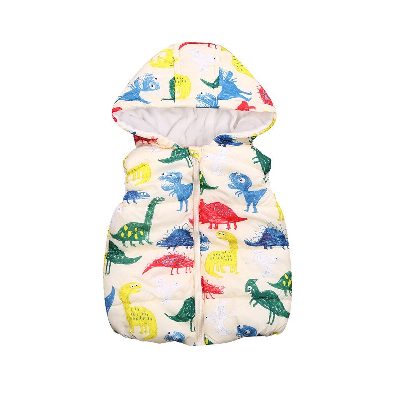 Kleine Jongen Buitenste Dragen Hooded Vest Herfst En Winter Warm Dinosaurus Gedrukt Rits Open Jacket