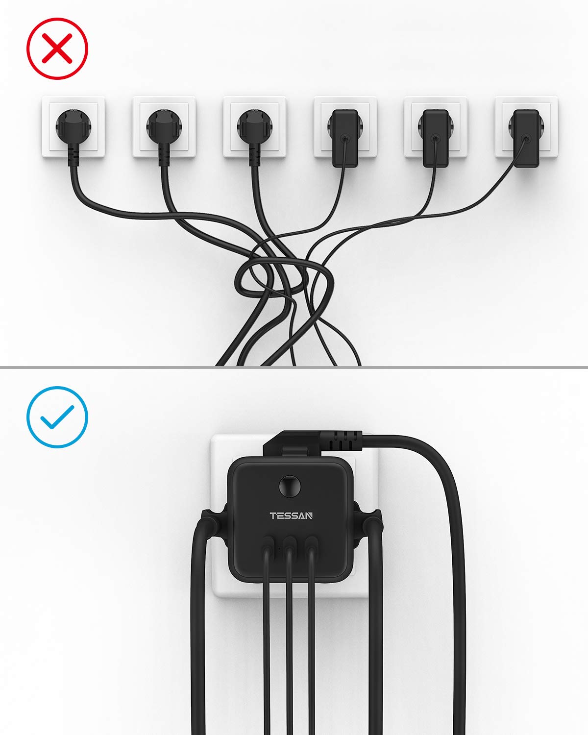 TESSAN – multiprise murale ue, avec 3 prises ca, 3 Ports USB et interrupteur marche/arrêt, 100-250V, adaptateur de Charge pour le bureau