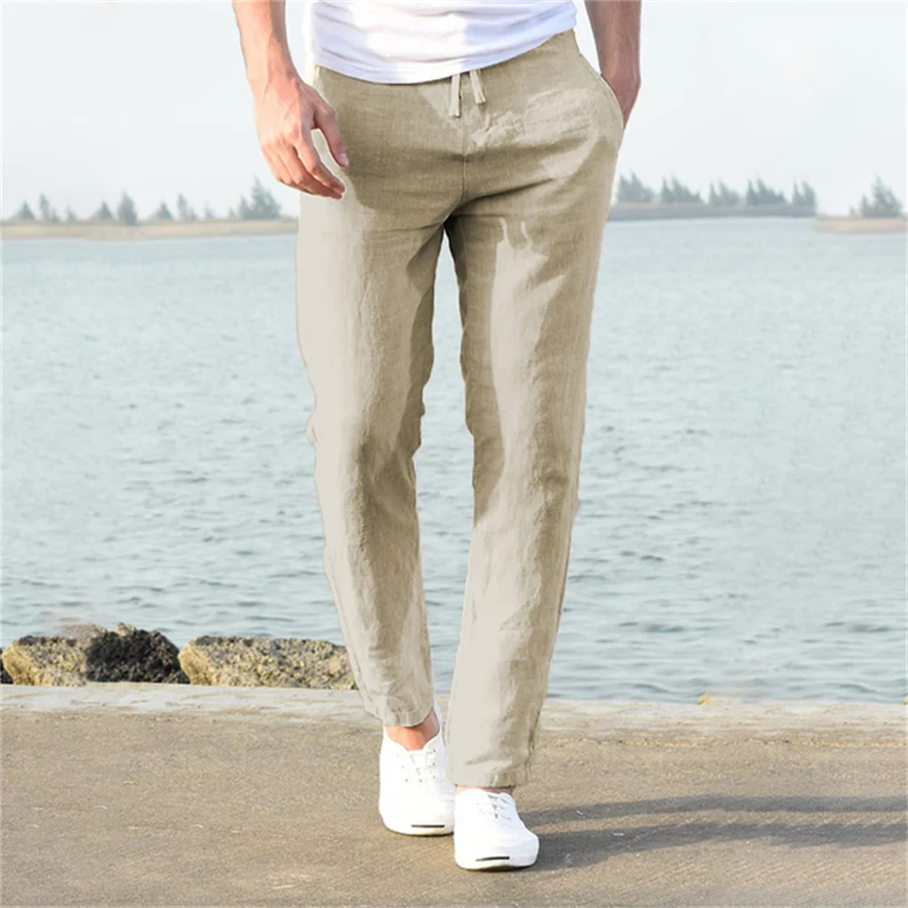 Men's Cotton Linen Pants Male Autumn Breathable Solid Color Linen Trousers Fitness Streetwear S-3XL: S / Beige