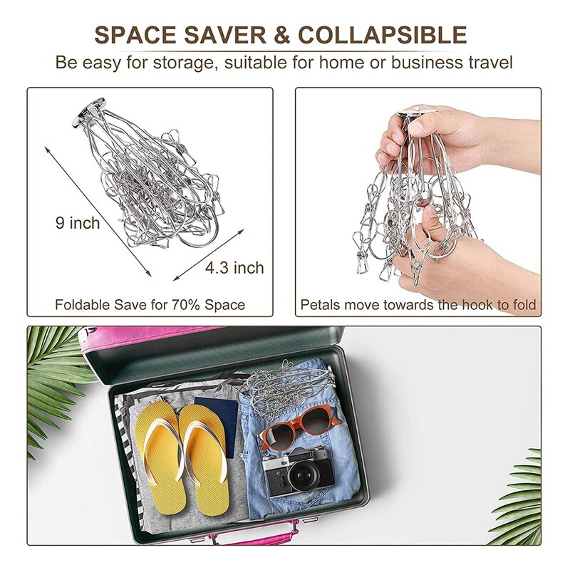 XD-Stainless Steel Foldable Clothes Drying Hanger,Laundry Drying Rack With 20 Clips,Hanger For Towels,Sock,Bra,Hat,Gloves