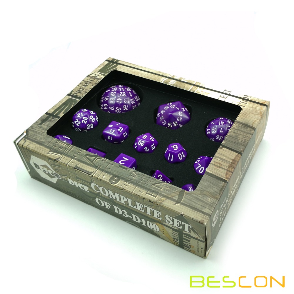 Bescon Compleet Polyhedral Rpg Dobbelstenen Set 13 Pcs D3-D100, 100 Zijden Dobbelstenen Set Effen Paars