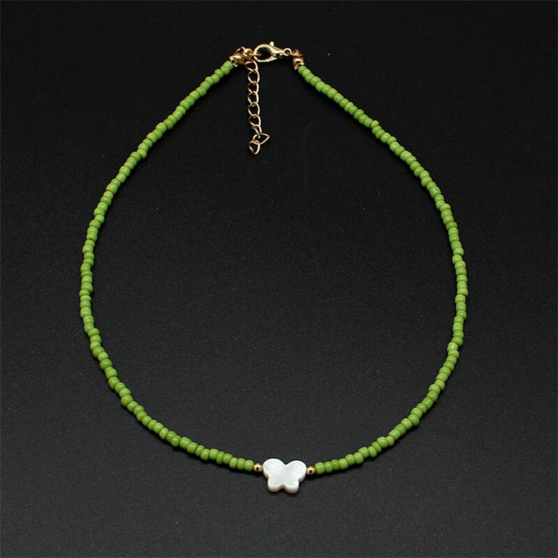 Colorful Beads Choker Women Shiny Pearl Shell Butterfly Pendant Necklace Double Layer Clavicle Chain Jewelry Accessories