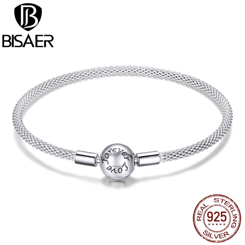 BISAER 925 Sterling Silver Snake Chain Forever Love Round Clasp Women Bracelets Sterling Silver Jewelry Pulseira ECB105