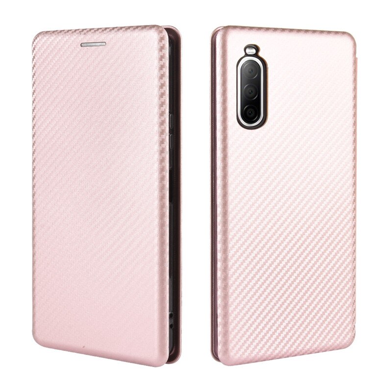 Voor Sony Xperia 10 Ii Case Carbon Fiber Pc Harde Kaarthouder Slim Leather Case Voor Sony Xperia10 Ii wallet Flip Cover: Rose Gold