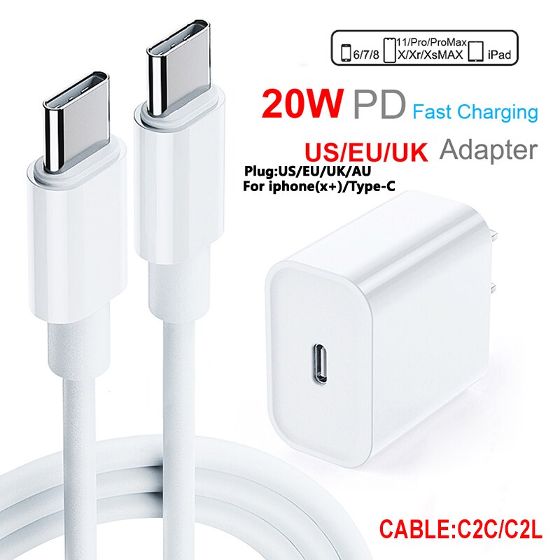 20W PD For Iphone 12 USB-C C2L Cable Power Adapter Charger UK/US/EU Plug Smart Phone Fast Charger for iPhone 12/X/8