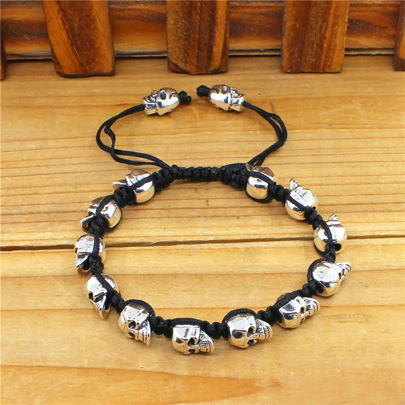 Sorriso Crânio Esqueleto Pulseiras Talão Vertente Boho Vintage Antique Banhado A Prata Handmade Woven Rope Artesanato Bijuterias