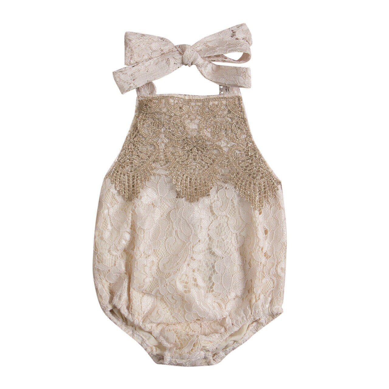 Solid Sleeveless Self Tie Straps Lace Romper for Baby Girl