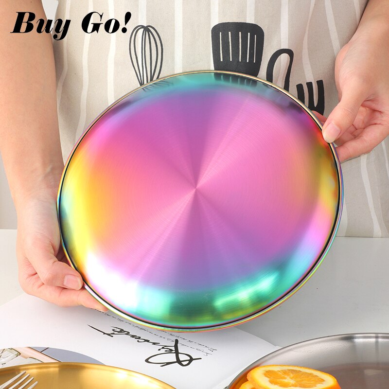 4Colors Stainless Steel Tableware Dinner Plate Food Container Salad Dessert Fruit Services Dish Western Steak Round Dessert Tray