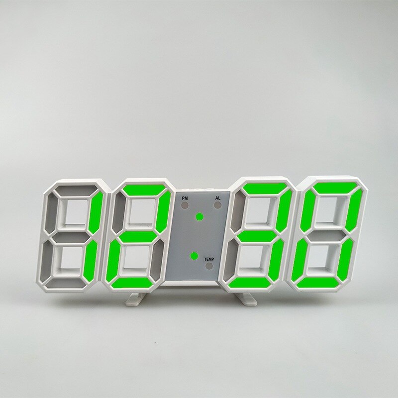 Reloj de pared Digital LED 3D, alarma, fecha, temperatura, retroiluminación automática, mesa de escritorio, pantalla de 12/24 horas, decoración del hogar: White Shell Green