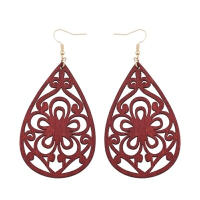 Yuluch Natuurlijke Afrikaanse Logs Druppels Opengewerkte Bloemen Vormen Voor Nationale Mode Persoonlijkheid Vrouwen Sieraden Hanger Oorbellen: red