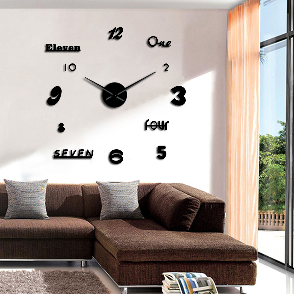 DIY Giant Mordern Wall Clock Horloge 3D DIY Acrylic Mirror Stickers Home Decoration Living Room Quartz Big Needle Hands Watch