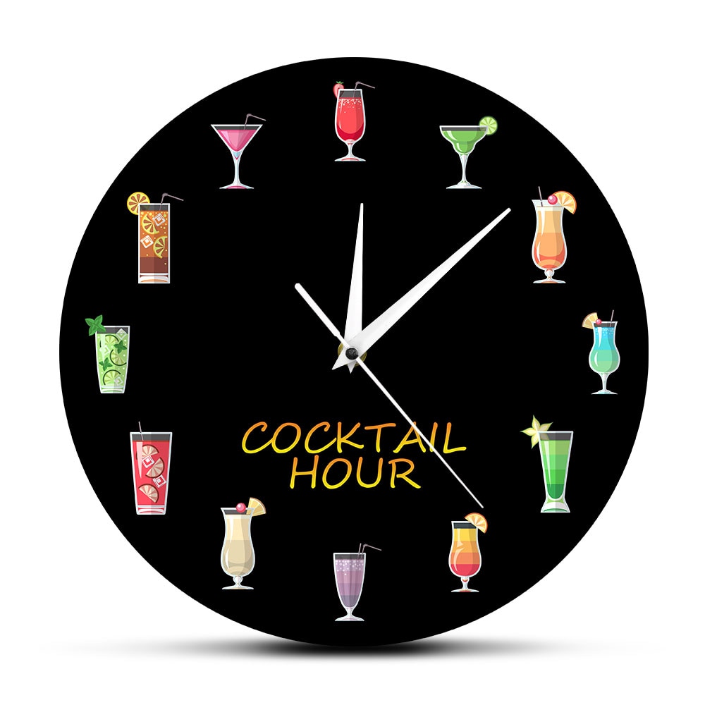 Kleurrijke alcoholcocktailuur bedrukte wandklok met alcohol drinkende bar, pubbord, hangende muurklok voor keukenclub, huisdecoratie