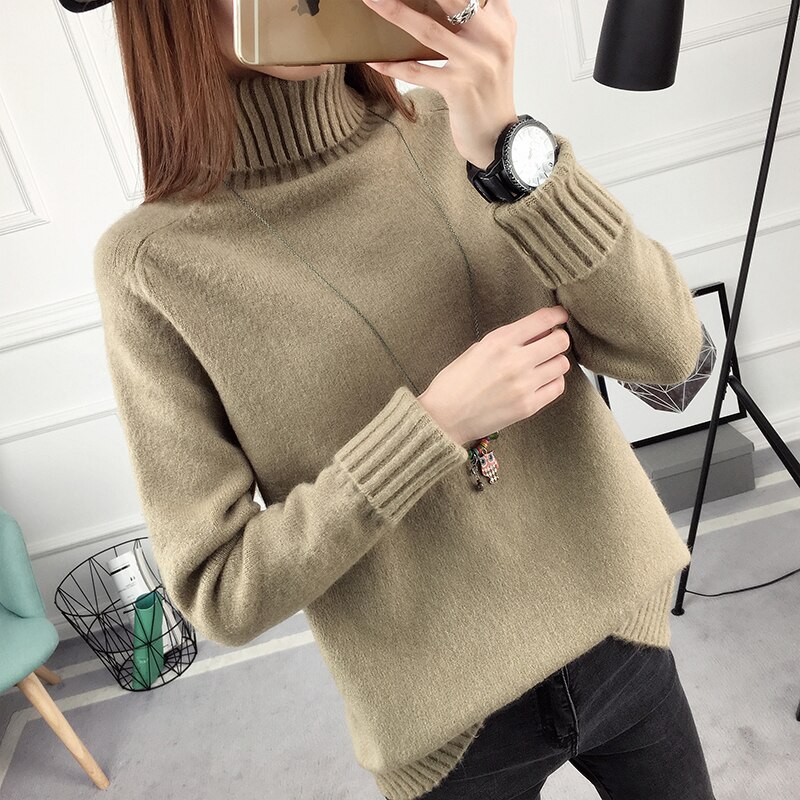 Autumn winter Women Knitted Sweaters Soft Pullovers Turtleneck Long Sleeve Solid Color Slim Elastic Short Sweater Women