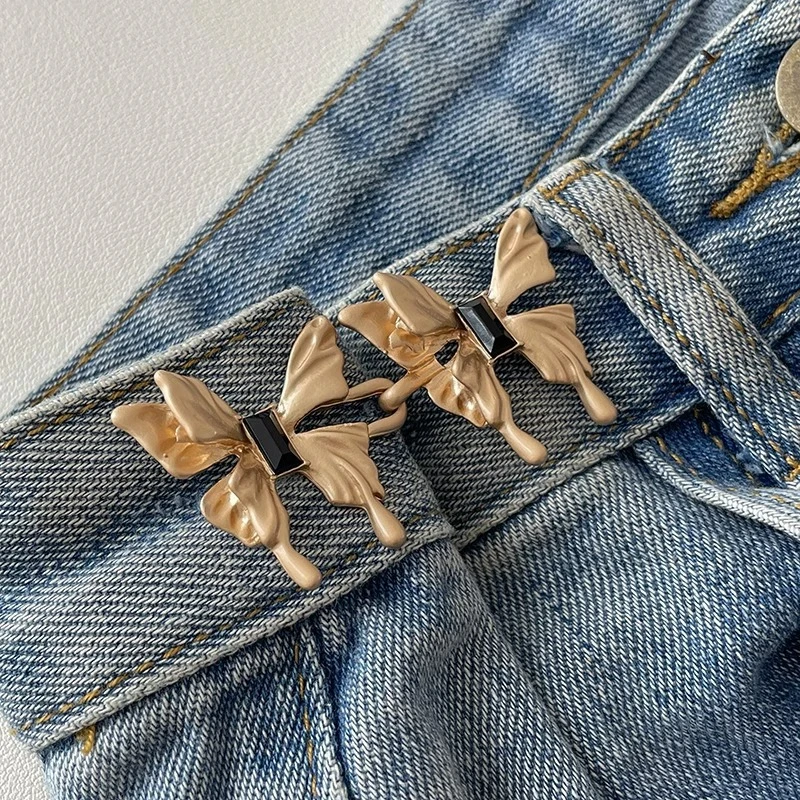 Botón de cintura con lazo para apretar, hebilla de cintura ajustable en forma de estrella y flor, sin costura, broche para pantalones, alfileres de fijación para pantalones vaqueros reutilizables: Verde negro / Color dorado