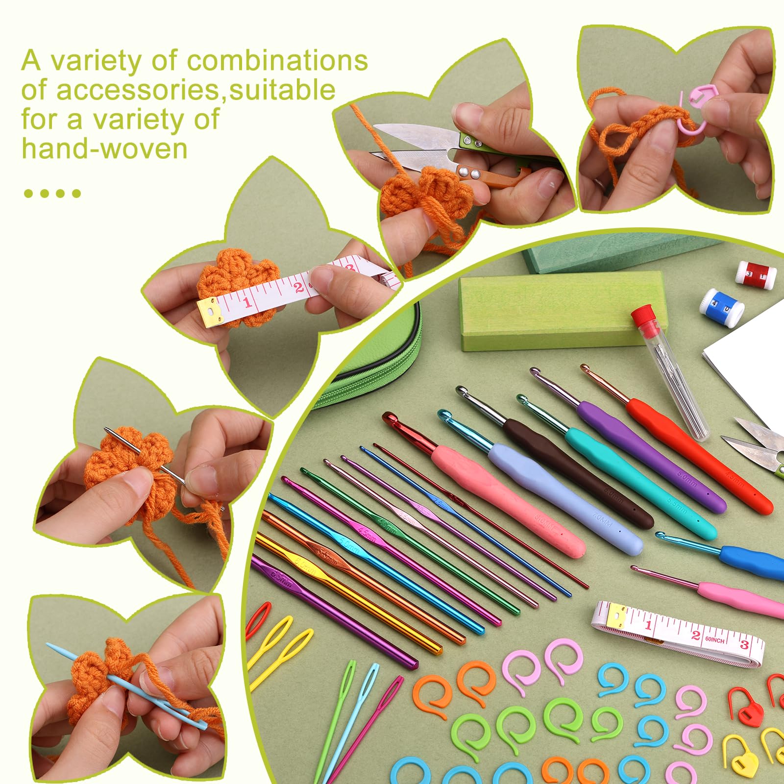 Fenrry conjunto de gancho de crochê, kit de agulhas de crochê para iniciantes, estojo verde e acessórios de crochê para artesanato de tricô