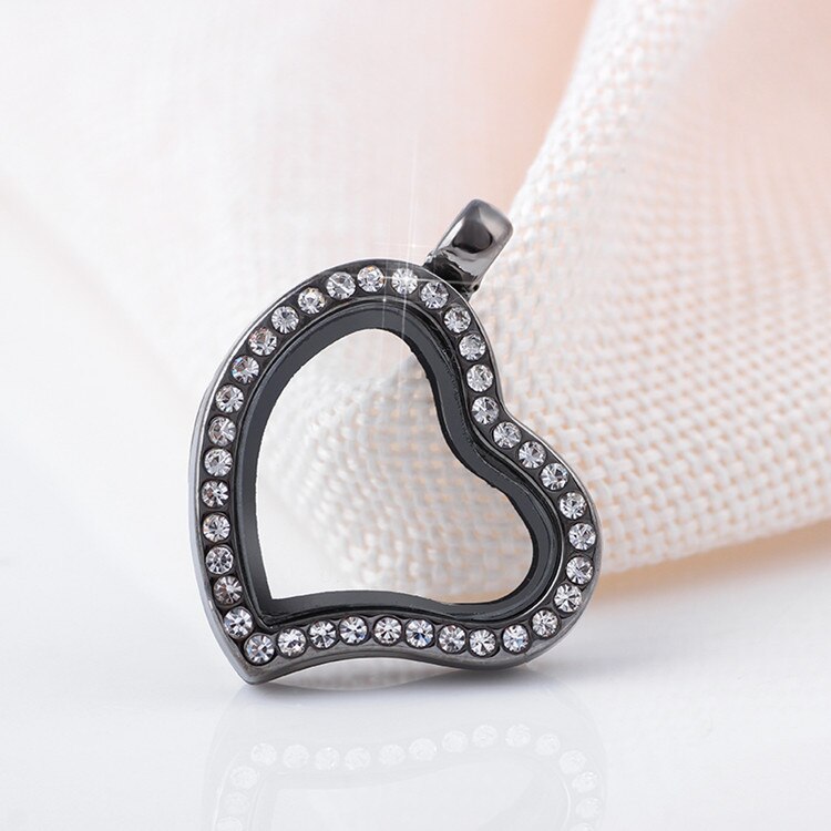 10pcs/lot Rhinestone Heart Floating Memory Locket Necklace Magnetic Glass Living Locket Without Chain: L14-Gun Black