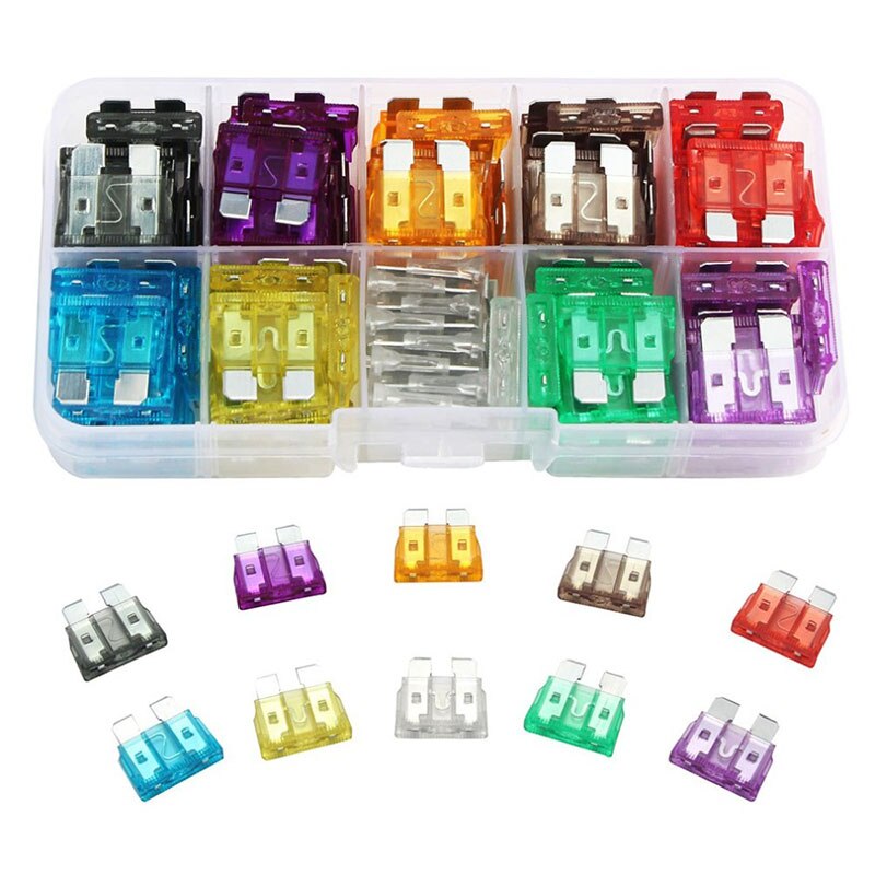 100 stk bilsikringer 2a 3a 5a 7.5a 10a 15a 20a 25a 30a 35a ampere med bokseklemmer sort bladsikring