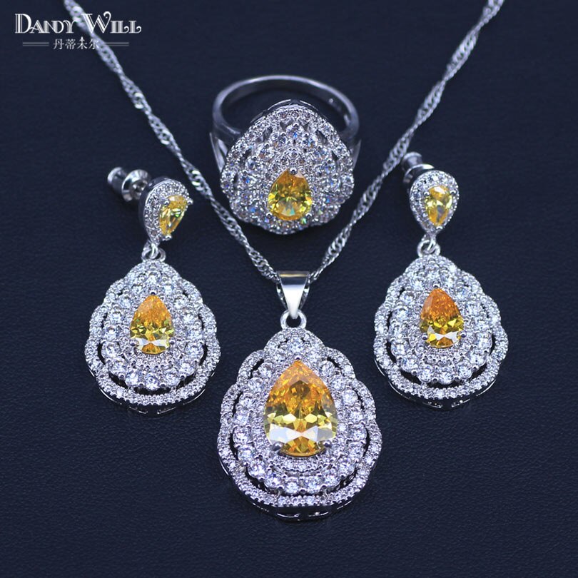 3- delige zilverkleurige kostuumsieradenset met groene zirkonia, oorbellen, ketting en ring voor dames  t73: Geel / 8