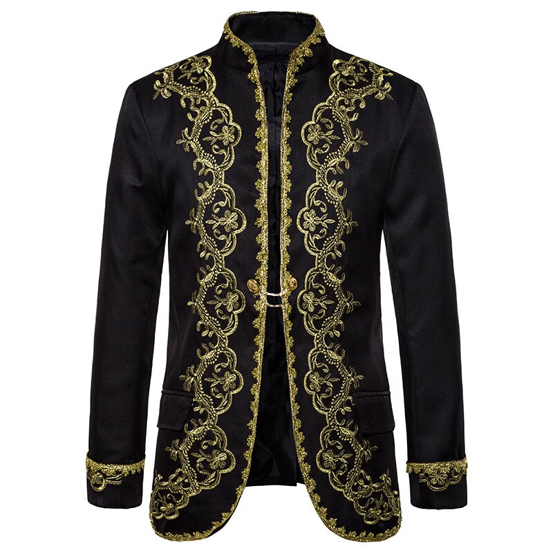 Men Red Blazer Gold Embroidery Baroque Mens Blazer Luxury Dress Blazers Men Performance Stage Palace Costume Men Blazer Hombre: black / European M