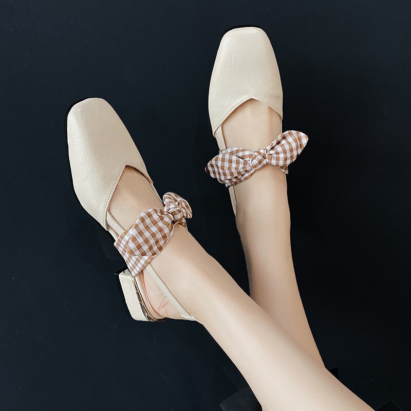 Fairy Tale Plaid Bow Tie Slingback Women Sandals Covered Toe High Heel Shoes Women Slip on Square Toe Sandals