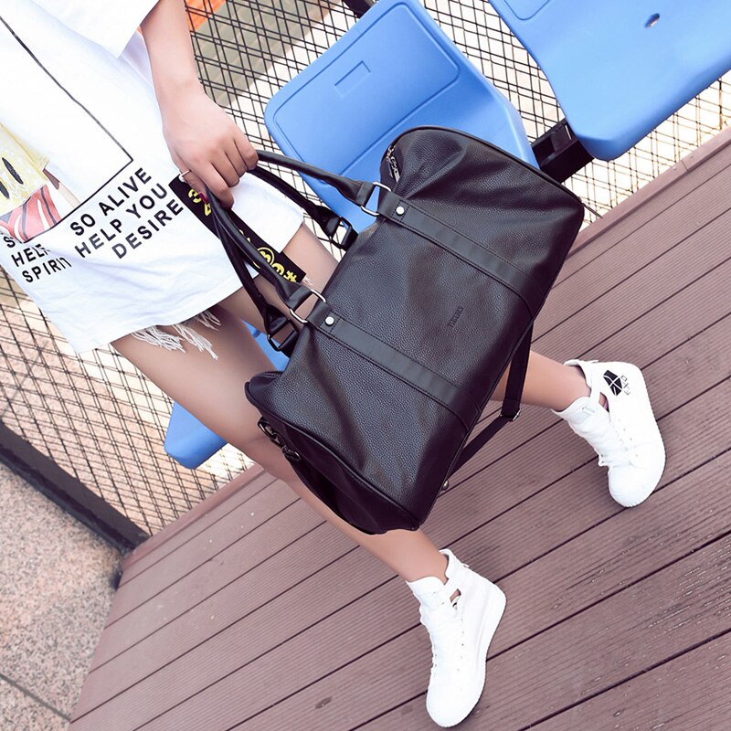 Men Black Leather Travel Bag Big Large Duffel Round Tote Women Men's Gym Over the Shoulder Bags for Shoes Pocket Handbags XA96WC