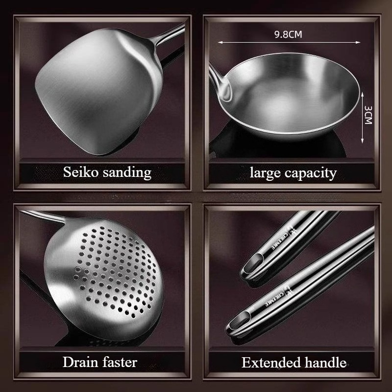 Espátula wok de aço inoxidável para alimentos, utensílios de cozinha de metal com fenda, colher, concha, conjunto de utensílios, acessórios de cozinha, ferramentas de cozinha
